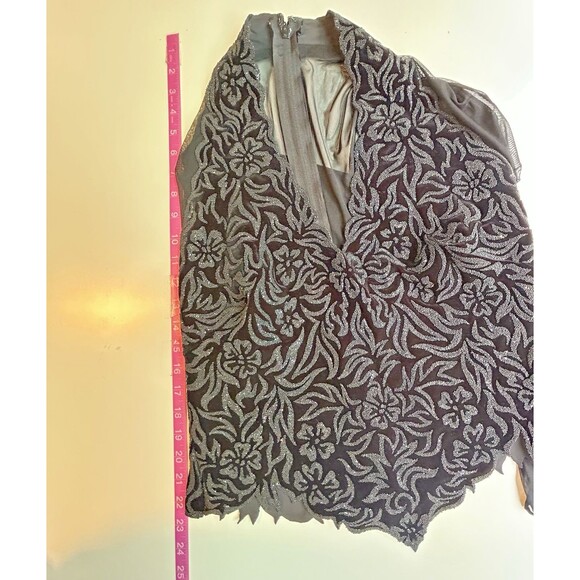Tadashi‎ Vintage Black Velvet Beaded Formal Top Mesh Sleeves XL Stretch Elegant - Picture 9 of 9